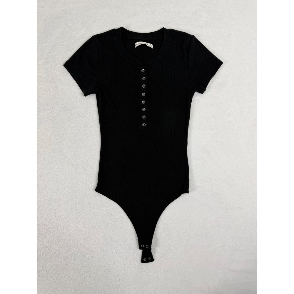 Abercrombie & Fitch Henley Thong Bodysuit Black Ribbed Short Sleeve Snaps XS